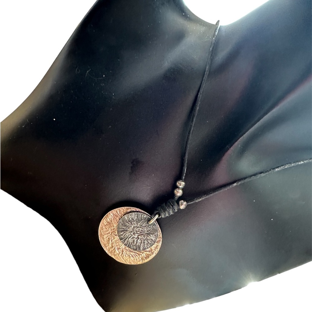 Retired Silpada Sterling Silver Oxidized Hammered Disk Pendant wLeather Necklace